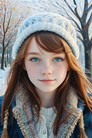 Medium portrait of a girl, Winter landscape, a perfect face, freckles, Green Eyes, redhead hair, slight smile, golden hour character portrait, visible paint strokes, Impasto, Perfect composition, (snowfall), snowy evening , ((impressionism))