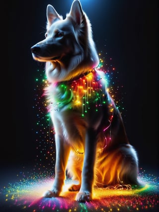 ((Ultra Long Exposure Photography)) high quality, highly detailed, Colorful beautiful dog silhouette neon dots, beautiful silhouette, Electronic devices such as a very light gray PC in the background, by yukisakura, high detailed,