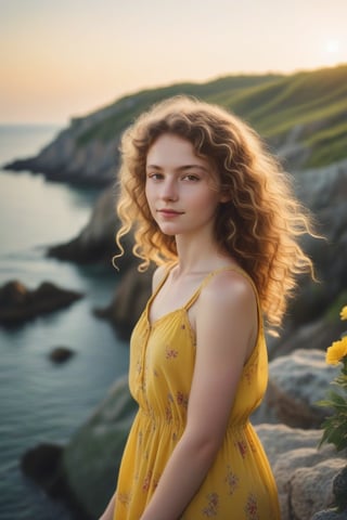 A serene summer evening in Romania. A Rumanian girl, with pale skin and curly brown hair, stands on a rocky coastline, wearing a bright yellow sundress that complements the vibrant flowers surrounding her. She gazes out at the calm sea, her arms relaxed by her sides. The warm sunlight casts a gentle glow, accentuating the soft features of her face.