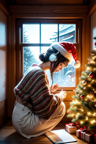 girl like to nicole kidman in a Christmas atmosphere, studying by a window in the early morning, in a style that can be either semi-realistic or anime. She is shown in profile, looking down at her homework with her right hand writing. She's wearing headphones and a Christmas hat, immersed in her music. Beside her is a Japanese Maneki-neko (lucky cat) with its left paw raised. The room has a cozy, festive ambiance. Outside the window, there's a view of Mount Fuji, a cluster of small houses, and numerous Christmas trees, capturing the essence of a Christmas morning. The image is ideal for a LOFI music background, ,Lofi style