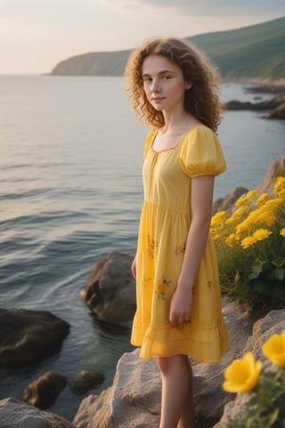 A serene summer evening in Romania. A Rumanian girl, with pale skin and curly brown hair, stands on a rocky coastline, wearing a bright yellow sundress that complements the vibrant flowers surrounding her. She gazes out at the calm sea, her arms relaxed by her sides. The warm sunlight casts a gentle glow, accentuating the soft features of her face.