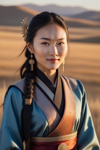 A Mongolian woman in her early twenties, standing confidently with a subtle smile,gothic makeup ,dressed in traditional clothing and accessories, against a warm sunset background with rolling hills and vast steppe landscape. The lighting is soft and golden, casting a flattering glow on her features. Her eyes sparkle with a hint of mischief, as she looks directly at the camera.