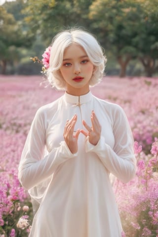 (masterpiece, best quality, niji style), (realistic, octane render, lot of details:6.3),
(full body photo :4.3), beautiful woman, korean woman, looking at the camera, (photo from head to toe:3.5),

(70s retro hairstyle:4.5),

clothing; ao dai vietnam, white ao dai, white dress, white clothings, 

long white pink pastel wavy hair, (white hair:3.5), brown eyes, beautiful eyes, closed mouth, The girl is tall and looks like a beauty queen,

hair blowing in the wind, small flower petals flying in the wind, flower petals flying in front of the girl,

(background is pink flower field of australia:1.1),

cinematic film still an awarded profesional photo of Leafwhisper, ideal body posture, perfect body proportions, hyperrealistic art, extremely high-resolution details, photographic, realism pushed to extreme, fine texture, incredibly lifelike,

different posture, up arms, ((arms up)), crazy mad aggressive face and eyes, fantasy, concept art, arms up, jump up, hands touch softly her face, (Both hands lift both tits:2.1),LinkGirl,aotac