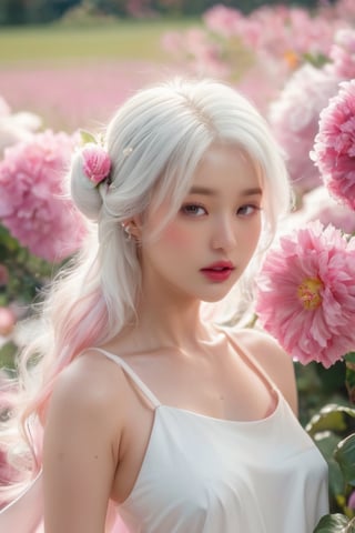 (masterpiece, best quality, niji style), (realistic, octane render, lot of details:6.3),
(full body photo :4.3), beautiful woman, korean woman, looking at the camera,

70s retro hairstyle,

clothing; ao dai vietnam, white ao dai, white dress, white clothings, 

long white pink pastel wavy hair, (white pink hair:3.5), brown eyes, beautiful eyes, closed mouth, The girl is tall and looks like a beauty queen,

hair blowing in the wind, small flower petals flying in the wind, flower petals flying in front of the girl,

(background is pink flower field of australia:1.1),

cinematic film still an awarded profesional photo of Leafwhisper, ideal body posture, perfect body proportions, hyperrealistic art, extremely high-resolution details, photographic, realism pushed to extreme, fine texture, incredibly lifelike,

different posture, up arms, ((arms up)), crazy mad aggressive face and eyes, fantasy, concept art, arms up, jump up, hands touch softly her face, (Both hands lift both tits:2.1),LinkGirl,aotac