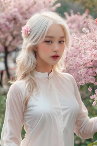 (masterpiece, best quality, niji style), (realistic, octane render, lot of details:6.3),
(full body photo :4.3), beautiful woman, korean woman, looking at the camera, (photo from head to toe:3.5),

(70s retro hairstyle:4.5),

clothing; ao dai vietnam, white ao dai, white dress, white clothings, 

long white pink pastel wavy hair, (white hair:3.5), brown eyes, beautiful eyes, closed mouth, The girl is tall and looks like a beauty queen,

hair blowing in the wind, small flower petals flying in the wind, flower petals flying in front of the girl,

(background is pink flower field of australia:1.1),

cinematic film still an awarded profesional photo of Leafwhisper, ideal body posture, perfect body proportions, hyperrealistic art, extremely high-resolution details, photographic, realism pushed to extreme, fine texture, incredibly lifelike,

different posture, up arms, ((arms up)), crazy mad aggressive face and eyes, fantasy, concept art, arms up, jump up, hands touch softly her face, (Both hands lift both tits:2.1),LinkGirl,aotac