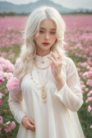 (masterpiece, best quality, niji style), (realistic, octane render, lot of details:6.3),
(full body photo :4.3), beautiful woman, korean woman, looking at the camera, (photo from head to toe:3.5),

(70s retro hairstyle:4.5),

clothing; ao dai vietnam, white ao dai, white dress, white clothings, 

long white pink pastel wavy hair, (white hair:3.5), brown eyes, beautiful eyes, closed mouth, The girl is tall and looks like a beauty queen,

hair blowing in the wind, small flower petals flying in the wind, flower petals flying in front of the girl,

(background is pink flower field of australia:1.1),

cinematic film still an awarded profesional photo of Leafwhisper, ideal body posture, perfect body proportions, hyperrealistic art, extremely high-resolution details, photographic, realism pushed to extreme, fine texture, incredibly lifelike,

different posture, up arms, ((arms up)), crazy mad aggressive face and eyes, fantasy, concept art, arms up, jump up, hands touch softly her face, (Both hands lift both tits:2.1),LinkGirl,aotac