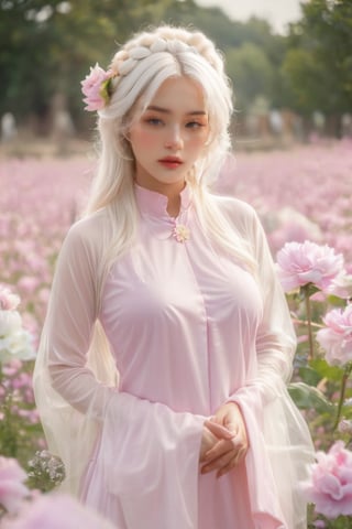 (masterpiece, best quality, niji style), (realistic, octane render, lot of details:6.3),
(full body photo :4.3), beautiful woman, korean woman, looking at the camera, (photo from head to toe:3.5),

(70s retro hairstyle:4.5),

clothing; ao dai vietnam, white ao dai, white dress, white clothings, 

long white pink pastel wavy hair, (white hair:3.5), brown eyes, beautiful eyes, closed mouth, The girl is tall and looks like a beauty queen,

hair blowing in the wind, small flower petals flying in the wind, flower petals flying in front of the girl,

(background is pink flower field of australia:1.1),

cinematic film still an awarded profesional photo of Leafwhisper, ideal body posture, perfect body proportions, hyperrealistic art, extremely high-resolution details, photographic, realism pushed to extreme, fine texture, incredibly lifelike,

different posture, up arms, ((arms up)), crazy mad aggressive face and eyes, fantasy, concept art, arms up, jump up, hands touch softly her face, (Both hands lift both tits:2.1),LinkGirl,aotac