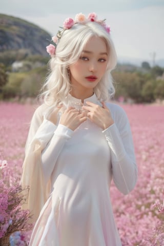 (masterpiece, best quality, niji style), (realistic, octane render, lot of details:6.3),
(full body photo :4.3), beautiful woman, korean woman, looking at the camera, (photo from head to toe:3.5),

(70s retro hairstyle:4.5),

clothing; ao dai vietnam, white ao dai, white dress, white clothings, 

long white pink pastel wavy hair, (white hair:3.5), brown eyes, beautiful eyes, closed mouth, The girl is tall and looks like a beauty queen,

hair blowing in the wind, small flower petals flying in the wind, flower petals flying in front of the girl,

(background is pink flower field of australia:1.1),

cinematic film still an awarded profesional photo of Leafwhisper, ideal body posture, perfect body proportions, hyperrealistic art, extremely high-resolution details, photographic, realism pushed to extreme, fine texture, incredibly lifelike,

different posture, up arms, ((arms up)), crazy mad aggressive face and eyes, fantasy, concept art, arms up, jump up, hands touch softly her face, (Both hands lift both tits:2.1),LinkGirl,aotac