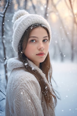 Capture the essence of a winter wonderland with an upper realistic image of a girl gracefully standing under a snowfall. Her delicate features are highlighted by the soft glow of the falling snowflakes, creating a mesmerizing and ethereal aura. The scene is set in a picturesque landscape adorned with glistening snow-covered trees and a hushed tranquility. The girl's eyes reflect a sense of wonder and innocence, as she takes in the enchanting beauty around her. The image is digitally painted to showcase intricate details and textures, bringing the scene to life with a dreamlike quality. The lighting is a soft, diffused glow, casting a warm and inviting ambiance. The camera perspective captures the girl from a slightly low angle, emphasizing her delicate silhouette against the snowy backdrop. The image is finely detailed, allowing for an ultra-resolution experience, immersing viewers in the captivating beauty of a winter wonderland.