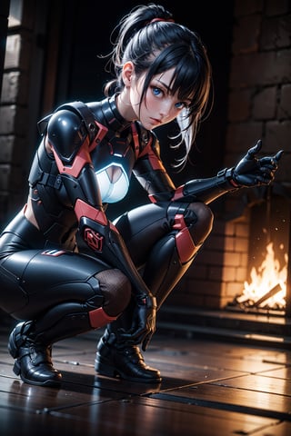 (masterpiece), best quality, high resolution, highly detailed, detailed background, perfect lighting, 1girl,  exoskeleton suit, lighting fir, 