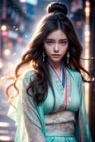 The background is midnight sky,big blue moon,dark night,snow blowing,16 yo, 1 girl,sword,halo,shining bracelet,beautiful hanfu(white, transparent),cape, cloth blowing in wind, solo, {beautiful and detailed eyes}, calm expression, natural and soft light, delicate facial features, cute japanese idol, very small earrings, ((model pose)), Glamor body type, (dark hair:1.2),  beehive,big bun,very_long_hair, hair past hip, curly hair, flim grain, realhands, masterpiece, Best Quality, photorealistic, ultra-detailed, finely detailed, high resolution, perfect dynamic composition, beautiful detailed eyes, eye smile, ((nervous and embarrassed)), sharp-focus, full_body, sexy pose,cowboy_shot,ruanyi0060,Samurai girl
