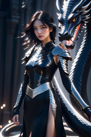 A young woman wearing a black armor-dress, she has black wavy hair with a streak of white hair, around her a powerful serpent is her dragon, fantasy art, raytraced, light particles,AI_Misaki