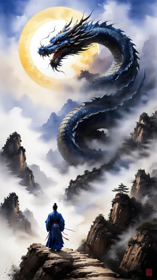 best quality, masterpiece,	
Atop the fortress walls of Red Cliffs, Sun Quan stands majestic in his royal blue Hanfu, the Dragon Crescent Blade in hand, its blade gleaming against the backdrop of a setting sun. The sumi-e painting captures his decisive moment of leadership, his figure a dynamic blend of power and grace, emblematic of his rule over Eastern Wu.

ultra realistic illustration, siena natural ratio, ultra hd, realistic, vivid colors, highly detailed, UHD drawing, perfect composition, ultra hd, 8k, he has an inner glow, stunning, something that even doesn't exist, mythical being, energy, molecular, textures, iridescent and luminescent scales, breathtaking beauty, pure perfection, divine presence, unforgettable, impressive, breathtaking beauty, Volumetric light, auras, rays, vivid colors reflects.,LegendDarkFantasy,chinese dragon