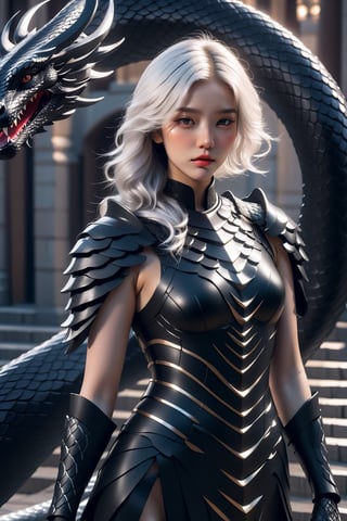 A young woman wearing a black armor-dress, she has black wavy hair with a streak of white hair, around her a powerful serpent is her dragon, fantasy art, raytraced, light particles,AI_Misaki