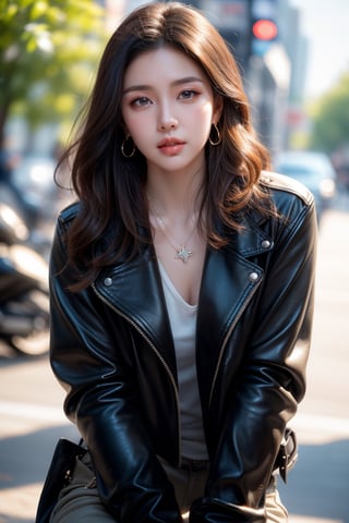 New York City,avenue,street,trees,
20 yo, 1 girl, beautiful korean girl, riding on a black Harley Davidson,wearing biker jacket,leather pants,boots,leather glove,solo, {beautiful and detailed eyes}, dark eyes, calm expression, delicate facial features, ((model pose)), Glamor body type, (dark hair:1.2),hair_past_waist,curly hair,very long hair,simple tiny earrings,simple tiny necklace, flim grain, realhands, masterpiece, Best Quality, 16k, photorealistic, ultra-detailed, finely detailed, high resolution, perfect dynamic composition, beautiful detailed eyes, eye smile, ((nervous and embarrassed)), sharp-focus, full_body, cowboy_shot,