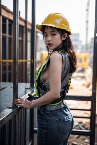 ((Young taiwanese Female wearing safety vest without clothes and biting a thick curved steel bar in construction site)), ((safety helmet and vest )),(((biting a thick curved bended steel bar, and the bar is broken ))),Exquisite details and textures, cinematic shot, Warm tone, wide shot , 