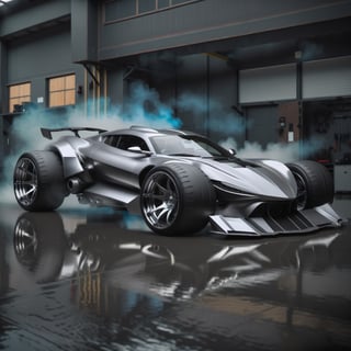 high quality, 3D, hdr, rgb, (masterpiece), (best quality),(extremely intricate), (extremely detailed), symmetric bilateral sport car, full shot image, sportcar that do not posses direction flare gun and simbols (emblems, logos), just one rear view each car side, perfect groove tire, perfect isometric car design and wheel center, car and wheel in Aluminium  (no painting) with extremely low reflection, clear wheel , full wheel , simetric and much defined  and delimited spoilers, similarity of front spoiler sides, full view of back spoiler fix just with a single curved support, smog dont cover SPOILERS or metalic part of wheels, chrome big scape near back wheel, weel defined interior hoop bord of left front wheel, gap dark of hoog flat and follow lines,  no windshield wipers, view just stems no sprins in suspension, just one rear view with one fix point in door  line up hight of hood and delicate slim stem,  no direction signal light component of headlight or car,  no reflectors acessories in car, modern garage scenary