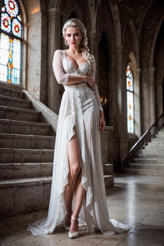 Queen Elsa striking a powerful pose in abandoned cathedral, full body portrait, 
score_9, score_8_up, score_7_up, score_6_up, score_5_up, score_4_up, BREAK, raw photo, professional photography, ((medium shot photo)),  movie still, cinematic lighting, extreme photorealism, highly detailed, intricate detail, Low-key lighting Style