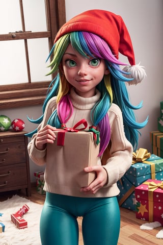 Photo of punk girl with a present, long rainbow hair, smirk, green_eyes, long sweater, leggings, santa's hat, in a messy room, RAW photo, analog style, beauty, Realism,  photorealistic, Detailedface, 3DMM