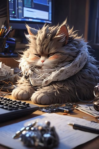 (masterpiece, best quality, professional photo, realistic), sleepy cat hacker, professional, detailed computer, detailed fur, messy room background