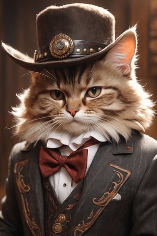 (masterpiece, best quality, professional photo, realistic), cat cowboy, professional, serious, detailed suit, cowboy hat, detailed fur, epic background