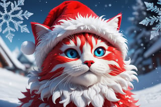 (masterpiece, high quality, insanely beautiful), happy cat-like creature made of (glassy snowflakes), red_santa's hat, glassy fur, fantasy scene, semi-transparent, reflexions, fisheye lenses effect, global illumination, best geometry