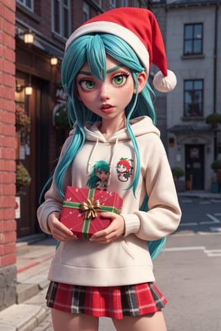 Photo of punk girl with a present, long rainbow hair, green_eyes, santa hoodie, skirt, santa's hat, RAW photo, analog style, beauty, black contour lipstick, Realism,  photorealistic, Detailedface, 3DMM