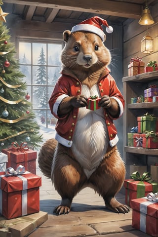 ((full body)) Photo, a beaver. wearing christmas outfit. packing presents, santa's workshop. digital art, 8K resolution, ultra quality, Watercolor, intricate details, highly detailed, greg rutkowski, more detail XL