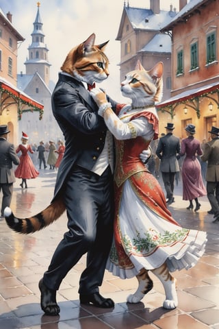 ((full body)) Photo, 2 cats dancing tango in a town square. wearing intricate clothes. looking at each other. christmas theme. digital art, 8K resolution, ultra quality, Watercolor, intricate details, highly detailed, greg rutkowski, more detail XL
