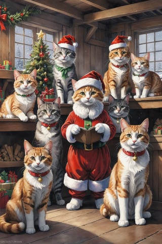 ((full body)) Photo, a group of happy cats. wearing christmas outfit. santa's workshop. digital art, 8K resolution, ultra quality, Watercolor, intricate details, highly detailed, greg rutkowski, more detail XL