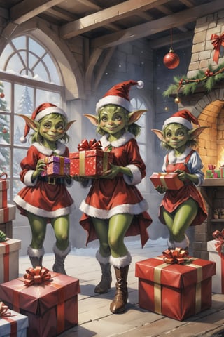 ((full body)) photo of a group of young happy female goblins. wearing christmas outfit. packing a present. santa's workshop. digital art, 8K resolution, ultra quality, Watercolor, intricate details, highly detailed, greg rutkowski, more detail XL