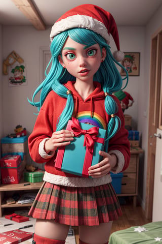 Photo of punk girl with a present, long rainbow hair, green_eyes, santa hoodie, skirt, red santa's hat, in a messy room, RAW photo, analog style, beauty, black contour lipstick, Realism,  photorealistic, Detailedface, 3DMM