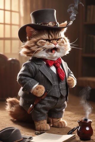 (masterpiece, best quality, professional photo, realistic), angry cat cowboy, professional, serious, detailed suit, detailed smoking pipe, cowboy hat, detailed fur, epic background
