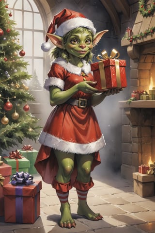 ((full body)) photo of young happy female goblin. wearing christmas outfit. holding a present. santa's workshop. digital art, 8K resolution, ultra quality, Watercolor, intricate details, highly detailed, greg rutkowski, more detail XL