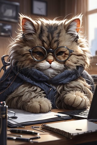 (masterpiece, best quality, professional photo, realistic), sleepy cat hacker, glasses, detailed computer, detailed fur, messy room background