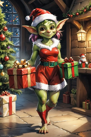 ((full body)) photo of young happy female goblin. wearing christmas outfit. holding a present. santa's workshop. digital art, 8K resolution, ultra quality, Watercolor, intricate details, highly detailed, greg rutkowski, more detail XL