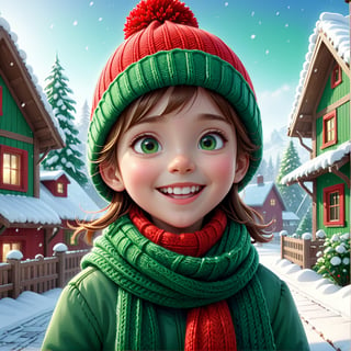 masterpiece artwork, best quality,  

Cartoon Illustration, 
a cute girl named Lily, wearing a red knitted hat and a green scarf, eyes glittering, laughing, close up, winter morning, snowing, wooden house,

8k, octane render, natural lighting, hyperrealistic, 
3d cartoon, extremely detailed, dynamic angle, 
magic, surreal, fantasy, digital art, UHD, cinematic perfect light,