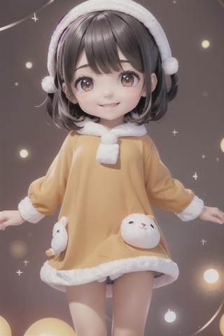  a big eyes beautiful little girl,  wearing warm clothes,  smiling happily,  so cute and sweet,  HD 8k,,black-hair,stuffed bunny,short-hair,firefliesfireflies,,sntdrs