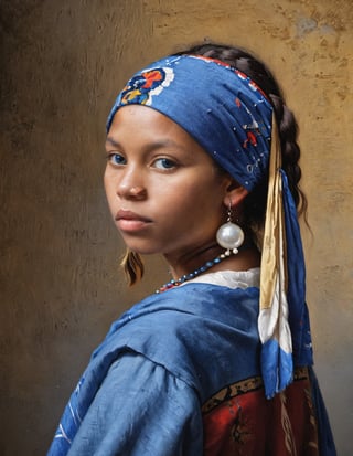 Hyperrealist portrait of indigenous tribe girl 
 ispirated Girl with a Pearl Earring by Johannes Vermeer, blue bandana, acoustic,(8k, RAW photo, best quality, masterpiece:1.2), (realistic, photo-realistic:1.37), blue eyes, indigenous tribe , nose piercings ,  chanell earrings,(Oil Painting:1.5),