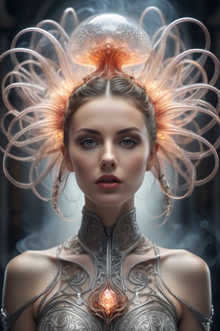  atomic heart Fine art photography portrait anthropomorphic being (33% beautiful random woman, 33% smoke, 33% neon jellyfish with tendrils made of smoke), 3d render, cgi, symetrical, raw, octane render, 35mm, bokeh, 9:16, (intricate details:1.12), hdr, (intricate details, hyperdetailed:1.15), (hyperrealism, soft light, sharp:1.2) dynamic pose