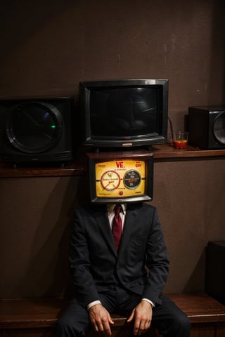 A waist up shot of a thin man sitting at a bar, wearing an all black suit with a 1970s television for a head. The television displays the letter "V" in neon lights, television as head,allblacksuit