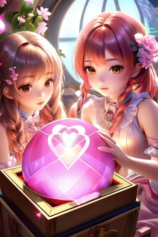 (delicate and beautiful CG artwork),(dynamic angle,dynamic lighting),(5girls),(fractal art:1.3),magic ball,brown and pink hair,hearts,twin braids,hair flower,(good lighting),Tarot card style,Large chest