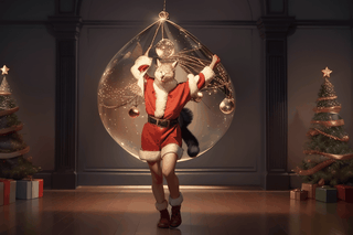 Fantasy photorealistic art of a cute cat Tom in a festive costume standing on the floor tries to hang a beautiful glass sphere on a branch of a Christmas tree, Christmas attributes, cinematic shot, soft light, amber light, magic atmosphere , flying particles, Christmas soks,thm style