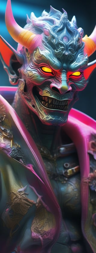 Watercolor portrait of a roaring neon hannya with iridescent black markings and a CYBERNETIC hannya face, perfect composition, hyperrealistic, super detailed, 8k, high quality, trending art, trending on artstation, sharp focus, studio photo, intricate details, highly detailed, by greg rutkowski, illustration, watercolor, yuji shinkawa