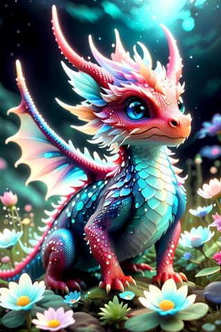 a close up of a tiny fairies dragon in a field of dewy flowers and plants, fantasy gorgeous (((bioluminescent:: translucent))) red and blue lighting, adorable glowing creature, cute little dragon, neon glow concept art, fantasy bioluminescent lighting, crystal dragon, dragon design language, cgsociety 9, glowing neon vray, vfx art, dragon portrait.