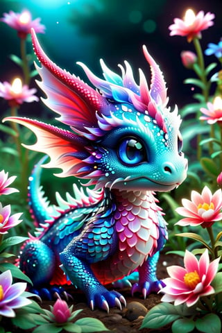 a close up of a tiny fairies dragon in a field of dewy flowers and plants, fantasy gorgeous (((bioluminescent:: translucent))) red and blue lighting, adorable glowing creature, cute little dragon, neon glow concept art, fantasy bioluminescent lighting, crystal dragon, dragon design language, cgsociety 9, glowing neon vray, vfx art, dragon portrait.