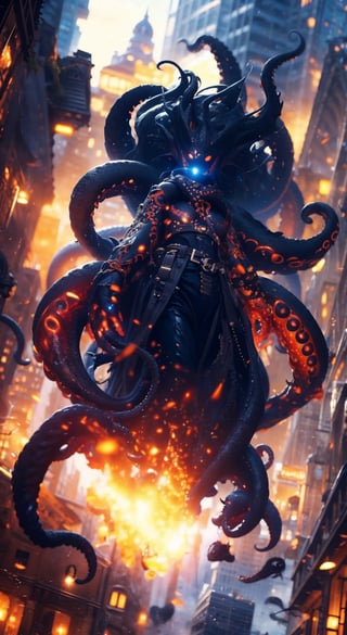 1girl, solo, long hair, breasts, looking at viewer, black hair, red eyes, full body, outdoors, sky, belt, pants, cloud, hair over one eye, tattoo, glowing, black pants, ground vehicle, building, black nails, motor vehicle, tentacles, floating, city