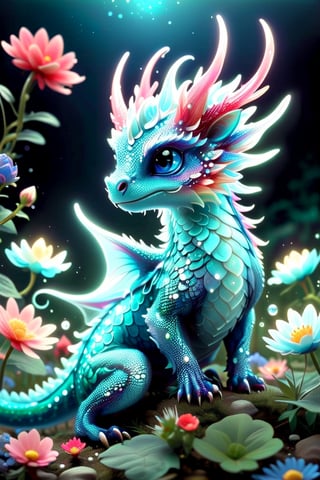 a close up of a tiny fairies dragon in a field of dewy flowers and plants, fantasy gorgeous (((bioluminescent:: translucent))) red and blue lighting, adorable glowing creature, cute little dragon, neon glow concept art, fantasy bioluminescent lighting, crystal dragon, dragon design language, cgsociety 9, glowing neon vray, vfx art, dragon portrait.