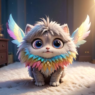 8k,3d,(3D extremely detailed and realistic CG rendering),colorful fur,big bright illustrationed eyes,sparkling background,best illumination,extremely delicate and beautiful,playfulness and loyalty,fluffy,adorable companion,illuminating wings, on all four legs,expressive eyes,unique personality,cute accessories,natural lighting