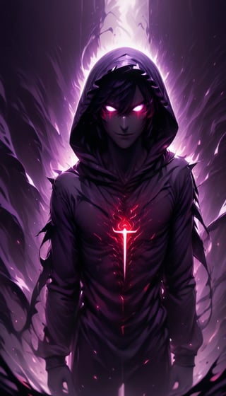 prfm style, dark city street, an air of mystery and fear, hints of purple and minimal red glowing of lights from street lights, figure wearing a hood hide in the shadows, can only make out the outline of the mysterious figure. there is a bright yet dark purple light that looks like enegry resonating from behind him through him